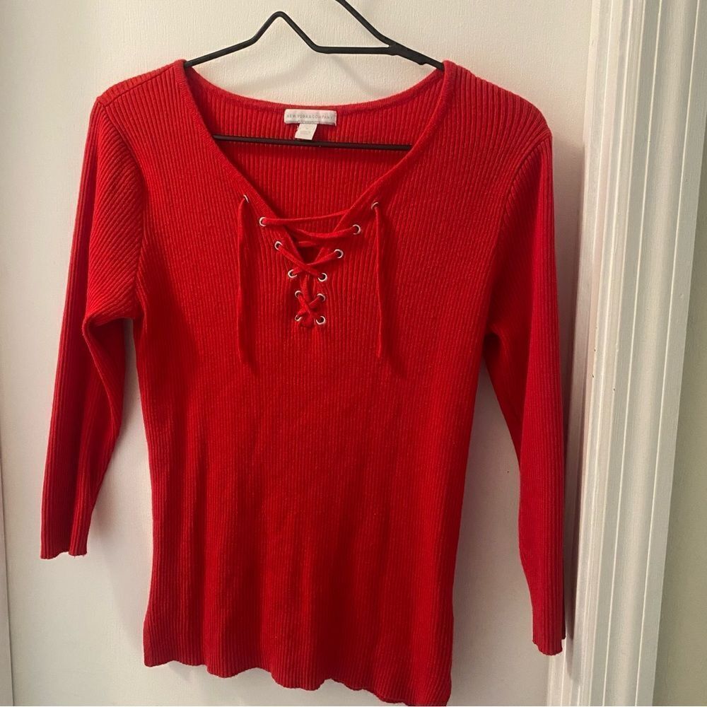 Red lace up sweater from New York and company size medium